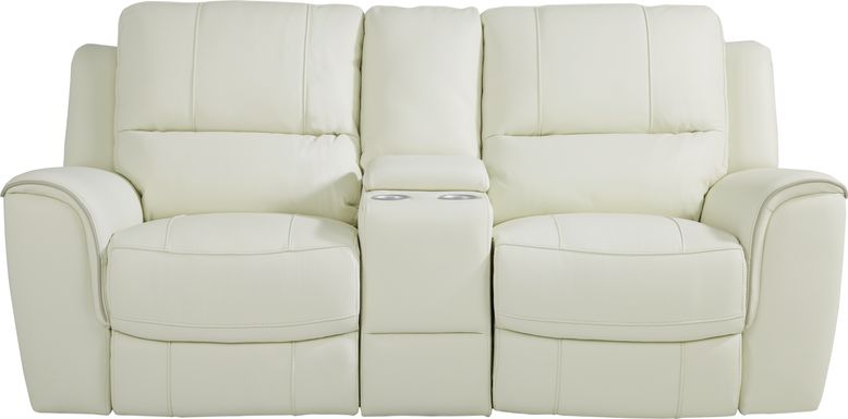 Lanzo Off-White Leather Dual Power Reclining Console Loveseat