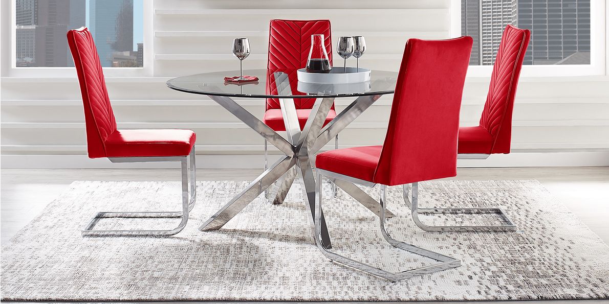 Glass dining table with deals red chairs