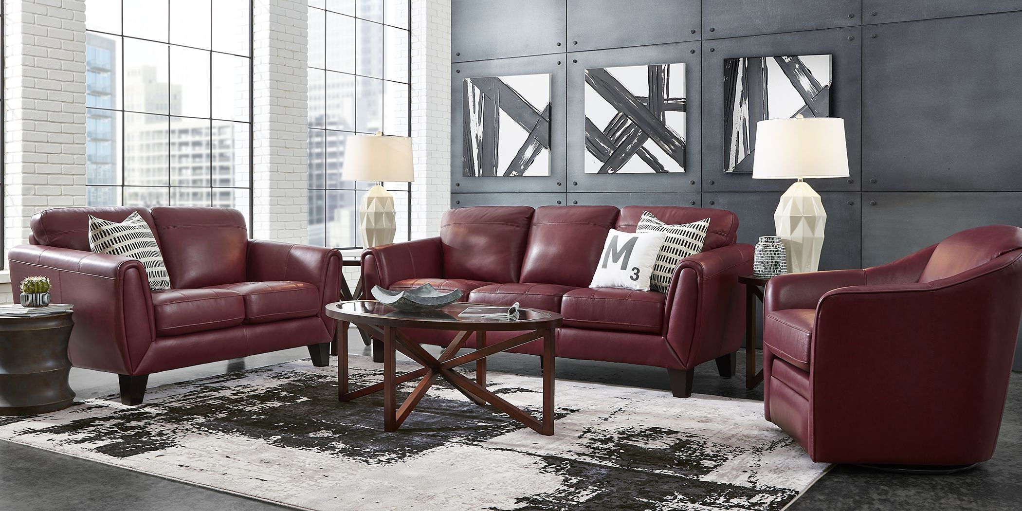 Red leather deals couch living room