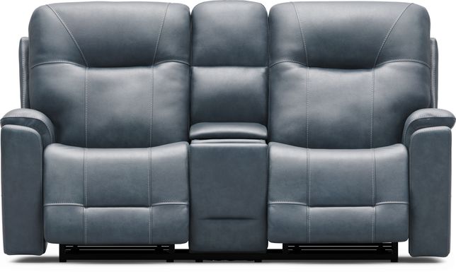 Matthews Cove Blue Leather Triple Power Reclining Console Loveseat