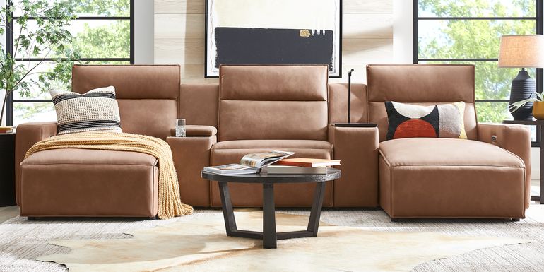 ModularTwo Saddle 5 Pc Dual Power Reclining Sectional with Media and Wood Top Consoles