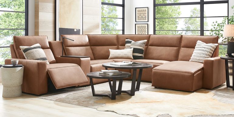 ModularTwo Saddle 6 Pc Dual Power Reclining Sectional with Wood Top Console