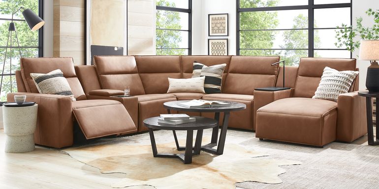 ModularTwo Saddle 7 Pc Dual Power Reclining Sectional with Media and Wood Top Consoles