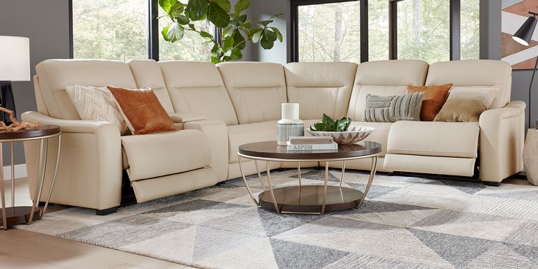 Newport Almond Leather 6 Pc Dual Power Reclining Sectional