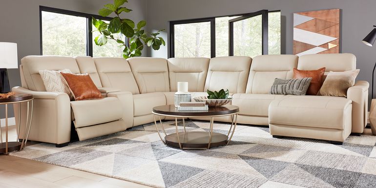 Newport Almond Leather 7 Pc Dual Power Reclining Sectional