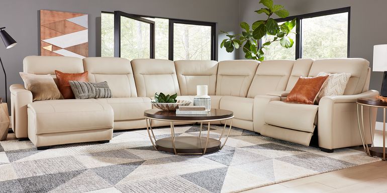 Newport Almond Leather 6 Pc Dual Power Reclining Sectional