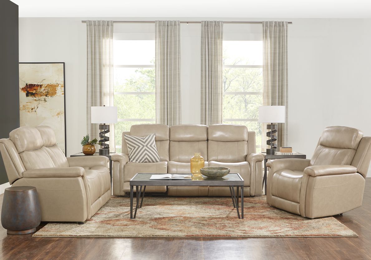 Beige leather deals living room set