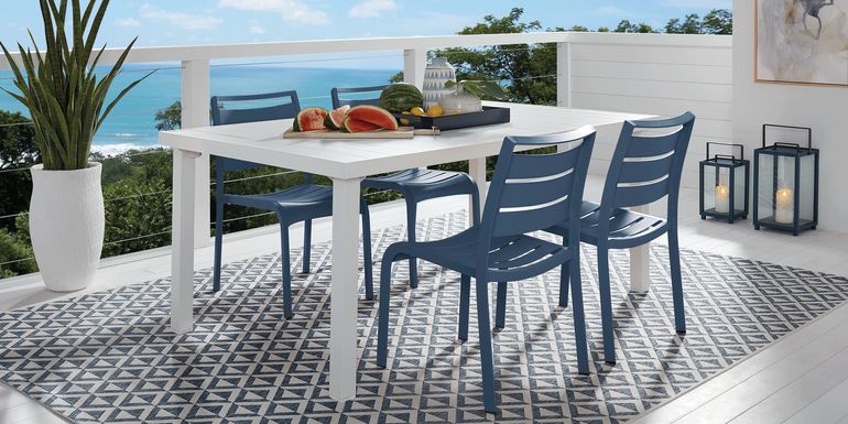 Park Walk White 5 Pc Rectangle Extension Outdoor Dining Set with Navy Chairs