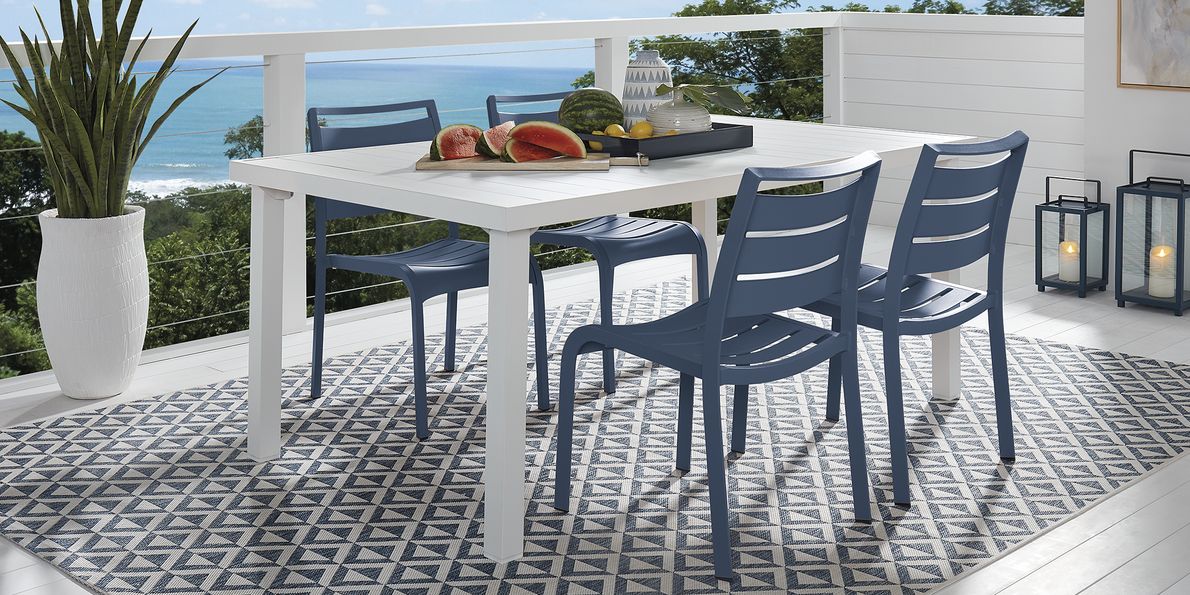 Park Walk White Pc Rectangle Outdoor Dining Set with Navy Chairs