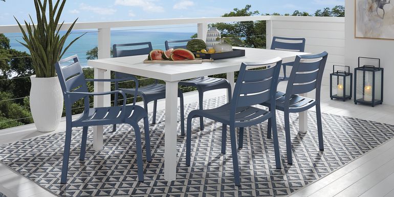 Park Walk White 7 Pc 70 in. Rectangle Outdoor Dining Set with Navy Chairs