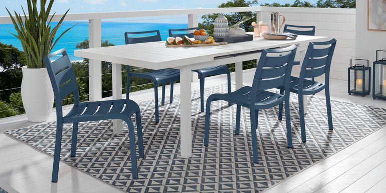 Park Walk White 7 Pc 73 - 97 in. Rectangle Extension Outdoor Dining Set with Navy Chairs