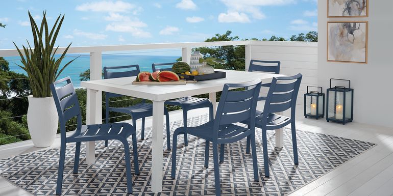 Park Walk White 7 Pc Rectangle Outdoor Dining Set with Navy Chairs
