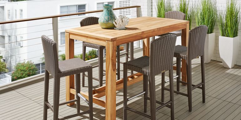 Patmos Teak 5 Pc 71 in. Rectangle Bar Height Outdoor Dining Set with Brown Wicker Barstools