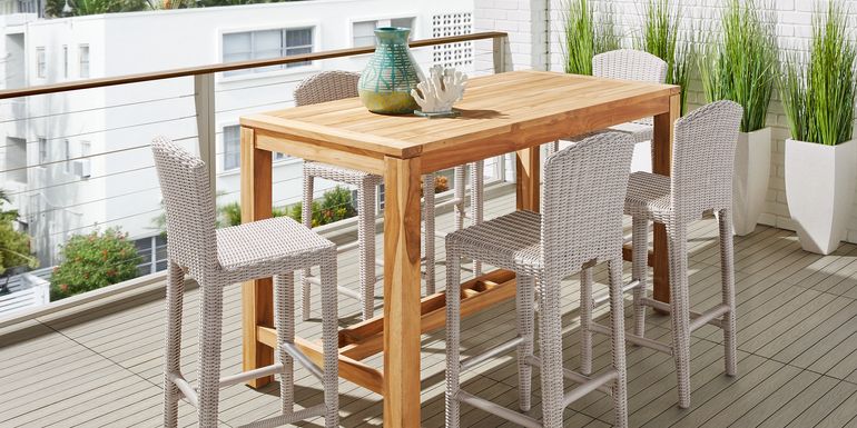 Patmos Teak 5 Pc 71 in. Rectangle Bar Height Outdoor Dining Set with Gray Wicker Barstools