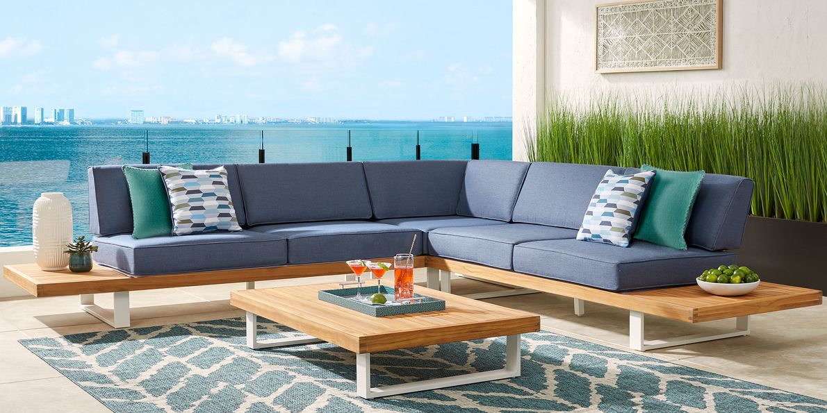 Platform Teak 3 Pc Outdoor Sectional with Denim Cushions Rooms To Go