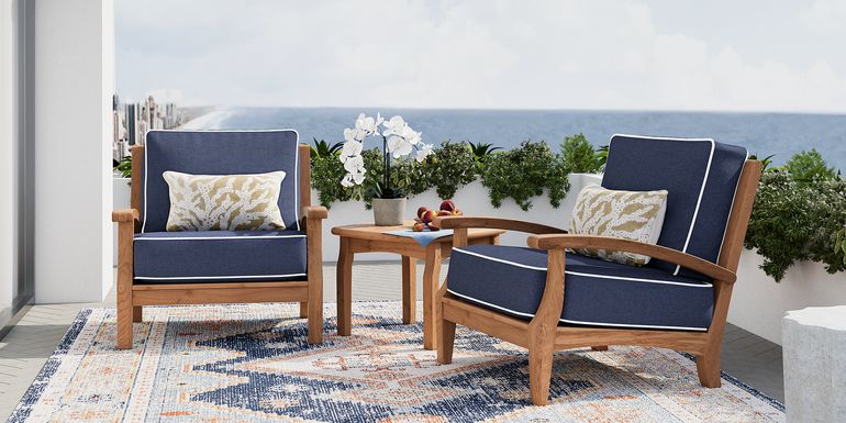 Pleasant Bay 3 Pc Teak Outdoor Seating Set with Indigo Cushions