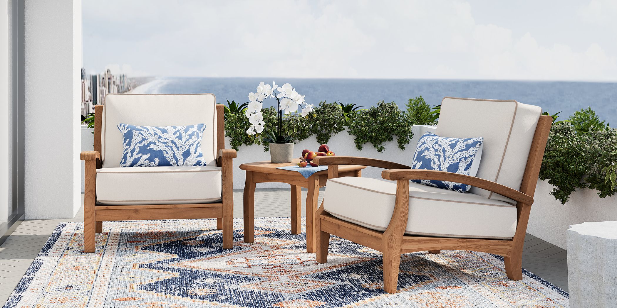 Pleasant Bay 3 Pc Teak Outdoor Seating Set with Vapor Cushions