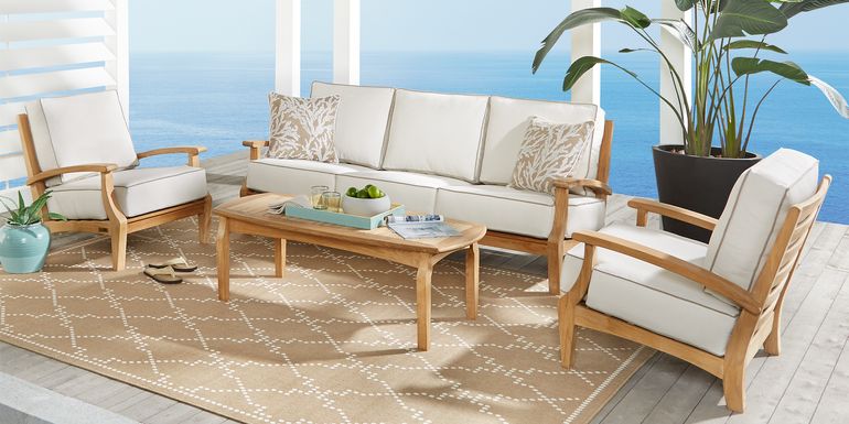 Pleasant Bay Teak 4 Pc Outdoor Seating Set with White Sand Cushions