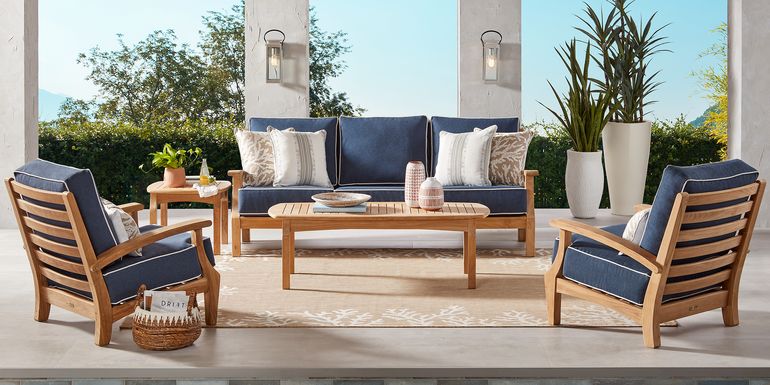 Pleasant Bay Teak 3 Pc Outdoor Seating Set with Indigo Cushions