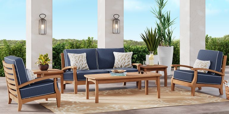 Pleasant Bay Teak 4 Pc Outdoor Loveseat Seating Set with Indigo Cushions