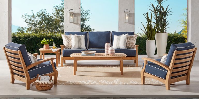 Pleasant Bay Teak 4 Pc Outdoor Seating Set with Indigo Cushions