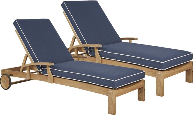 Pleasant Bay Teak Outdoor Chaise with Indigo Cushions, Set of 2