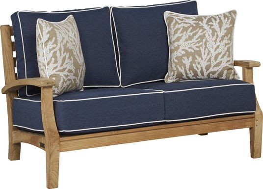 Pleasant Bay Teak Outdoor Loveseat with Indigo Cushions