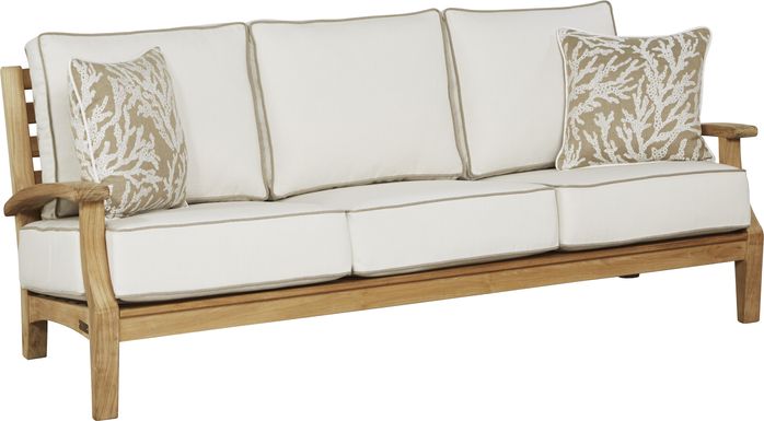 Pleasant Bay Teak Outdoor Sofa with White Sand Cushions