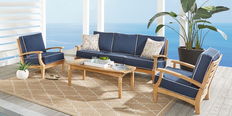 Pleasant Bay Teak 6 Pc Outdoor Seating Set with Denim Cushions