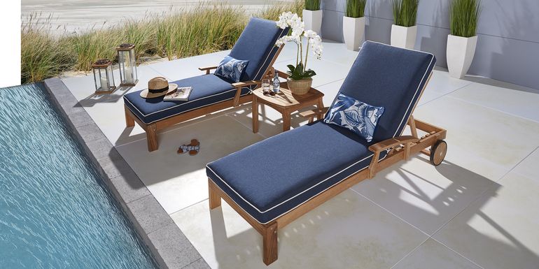 Pleasant Bay Teak Outdoor Chaise with Indigo Cushions, Set of 2