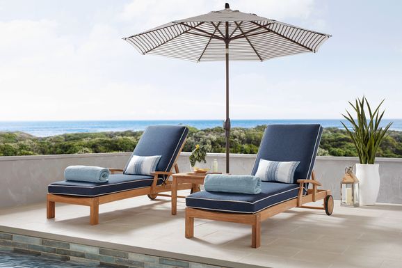 Pleasant Bay Teak Outdoor Chaise with Indigo Cushions, Set of 2