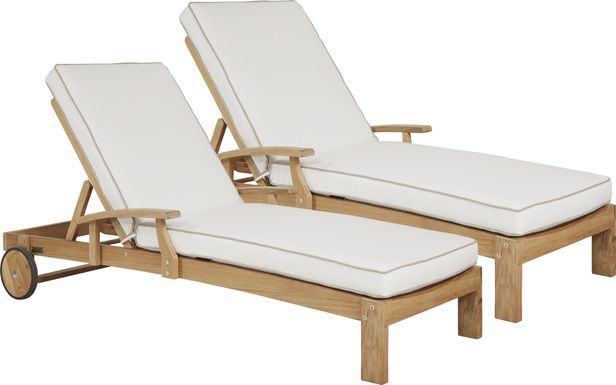 Pleasant Bay Teak Outdoor Chaise with White Sand Cushions, Set of 2