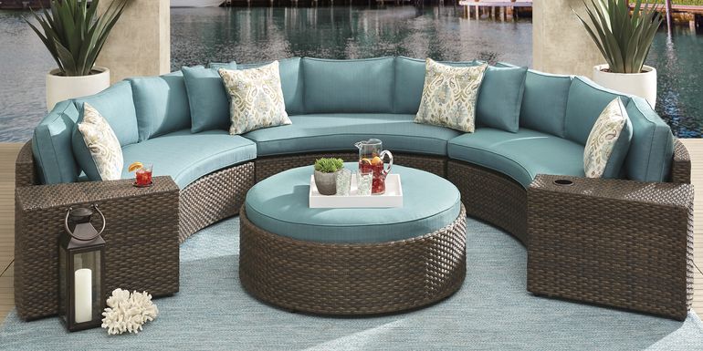 Rialto Brown 5 Pc Curved Outdoor Sectional with Aqua Cushions