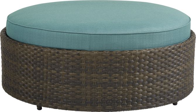 Rialto Brown Round Outdoor Ottoman with Aqua Cushions