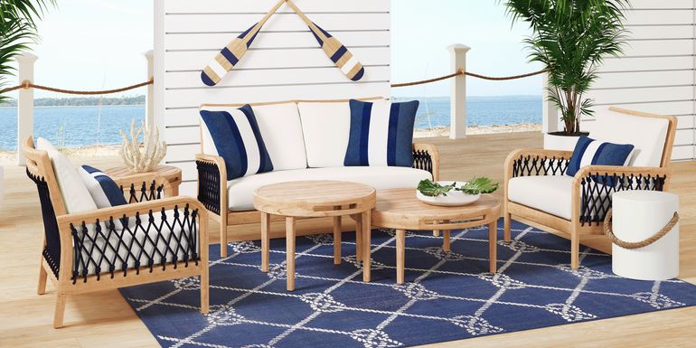 Riva Blonde 5 Pc Outdoor Loveseat Seating Set with White Cushions