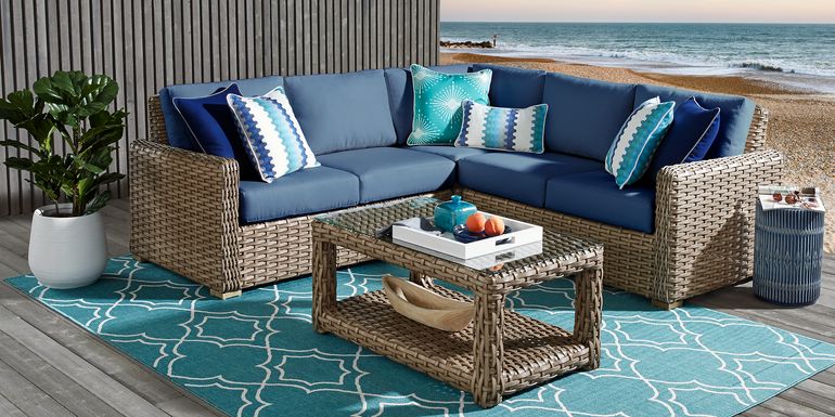 Siesta Key Driftwood 3 Pc Outdoor Sectional with Indigo Cushions