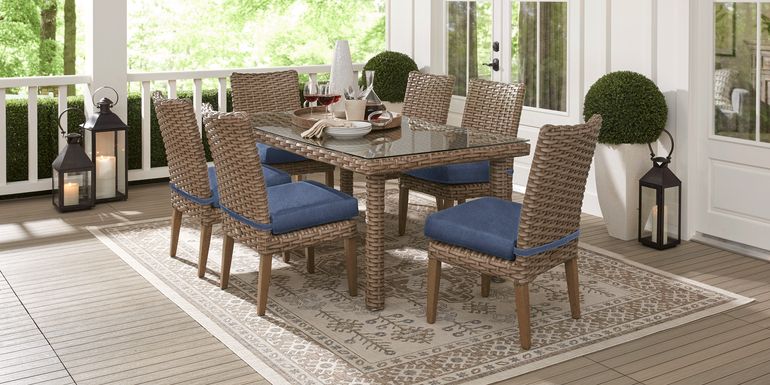 Siesta Key Driftwood 7 Pc 72 in. Rectangle Outdoor Dining Set with Indigo Cushions