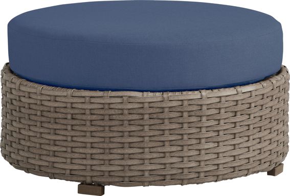 Siesta Key Driftwood Round Outdoor Ottoman with Indigo Cushions