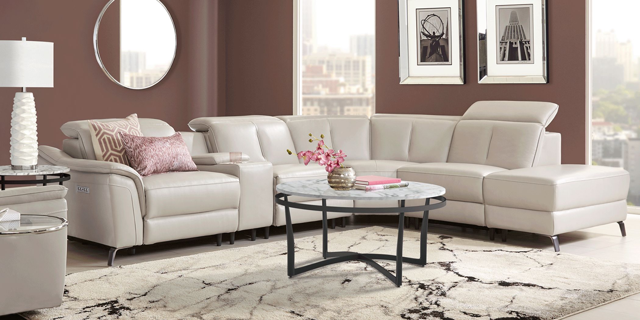 Sofia Vergara Naples Light Gray Leather 9 Pc Dual Power Reclining