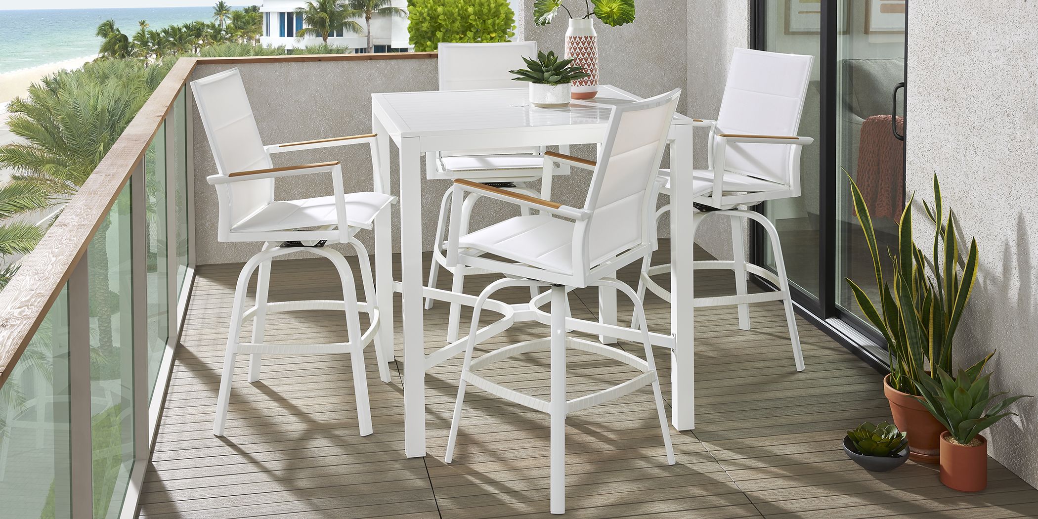 Solana White Pc Outdoor Bar Height Dining Set with Swivel