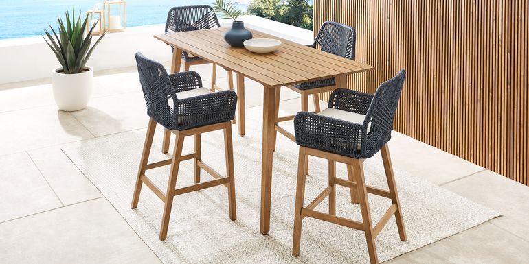 Tessere 5 Pc Natural Bar Height Outdoor Dining Set with Blue Barstools