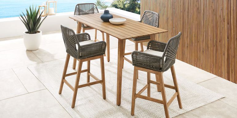 Tessere 5 Pc Natural Bar Height Outdoor Dining Set with Gray Barstools