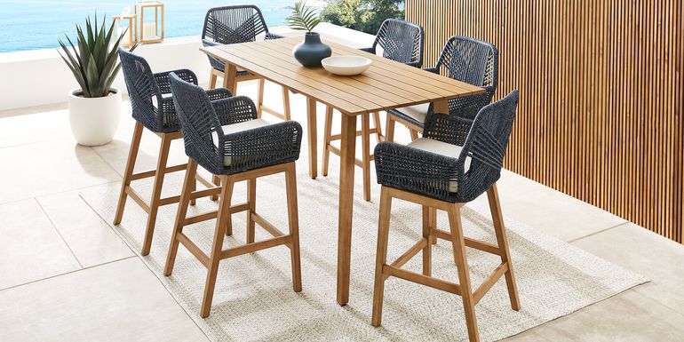 Tessere 7 Pc Natural Bar Height Outdoor Dining Set with Blue Barstools