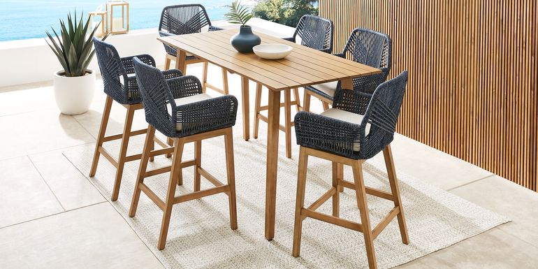 Tessere Natural 7 Pc Bar Height Outdoor Dining Set with Blue Barstools
