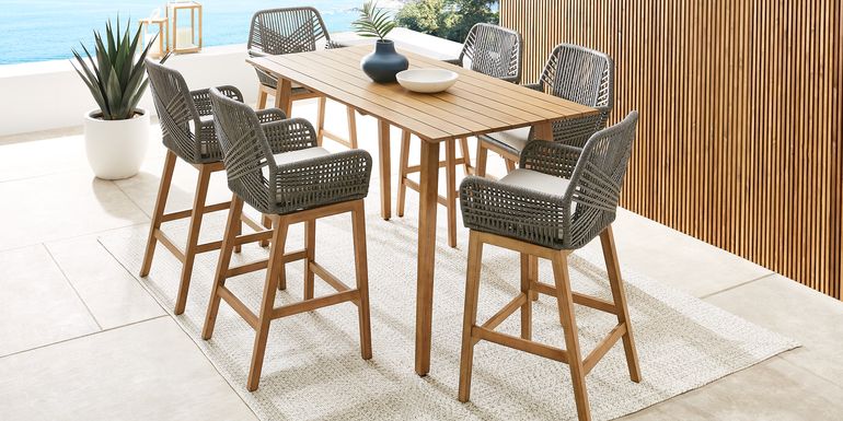 Tessere 7 Pc Natural Bar Height Outdoor Dining Set with Gray Barstools