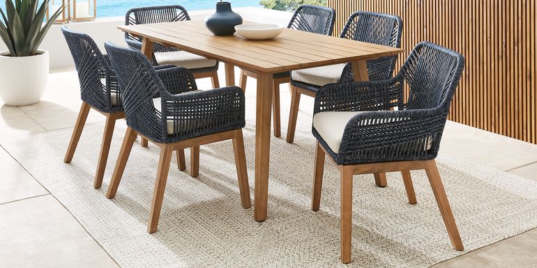 Tessere Natural 7 Pc Outdoor Dining Set with Blue Arm Chairs