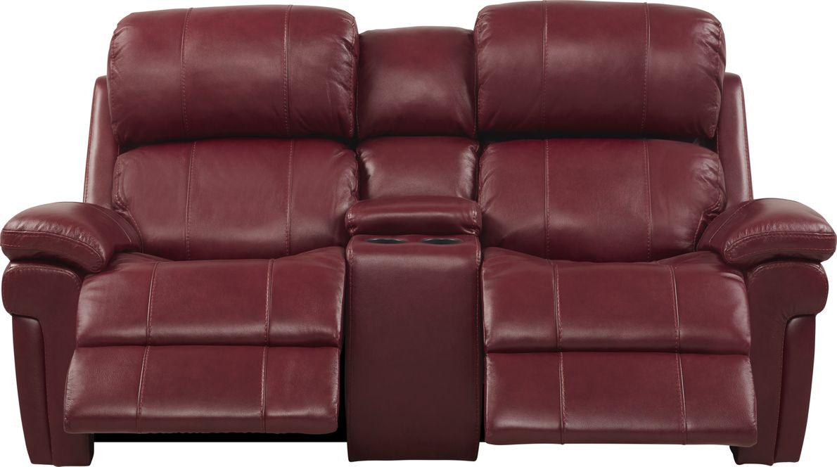 Red leather reclining outlet loveseat with console