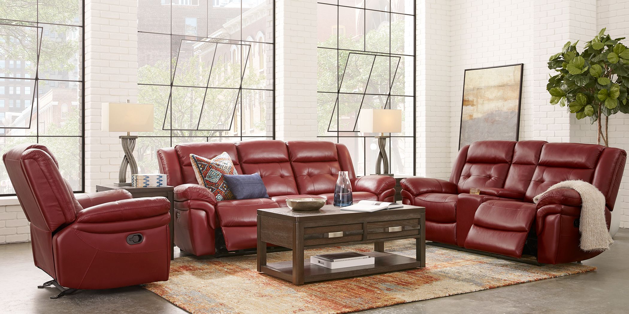 Ventoso Red Leather 5 Pc Reclining Living Room