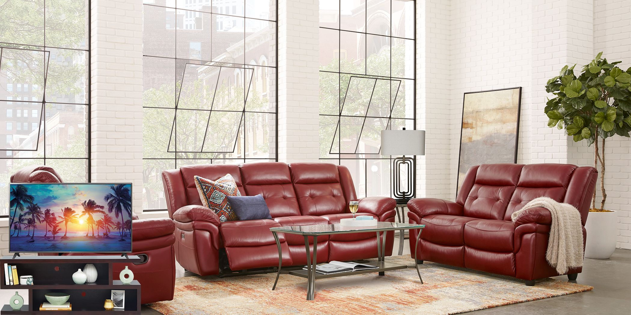 Ventoso Red Leather 6 Pc Living Room with Reclining Sofa Plus 70