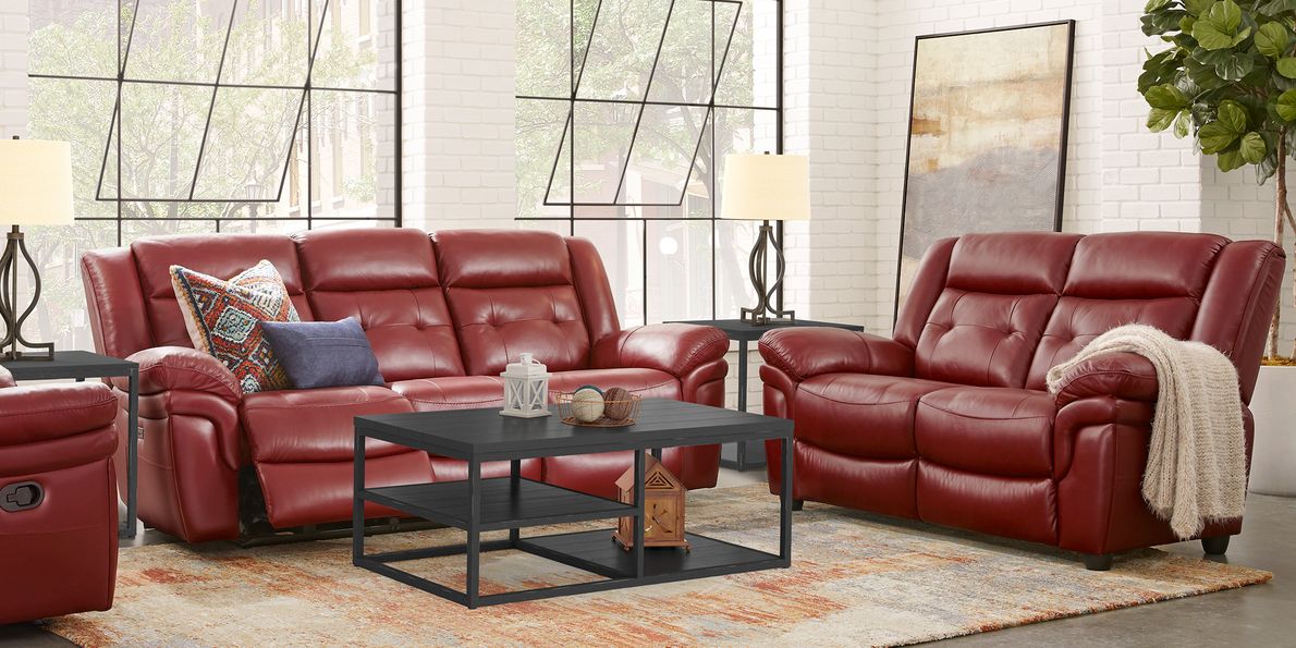 Red leather reclining discount sofa